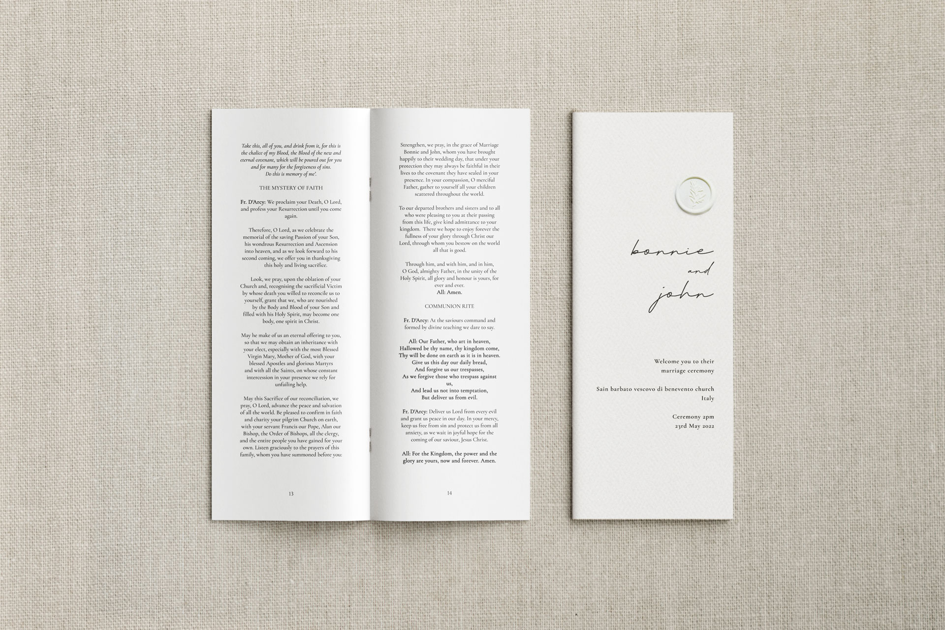 Wedding Mass ceremony order of service booklet A5 and tall and skinny textured card premium quality, Evite You Nationwide UK.
